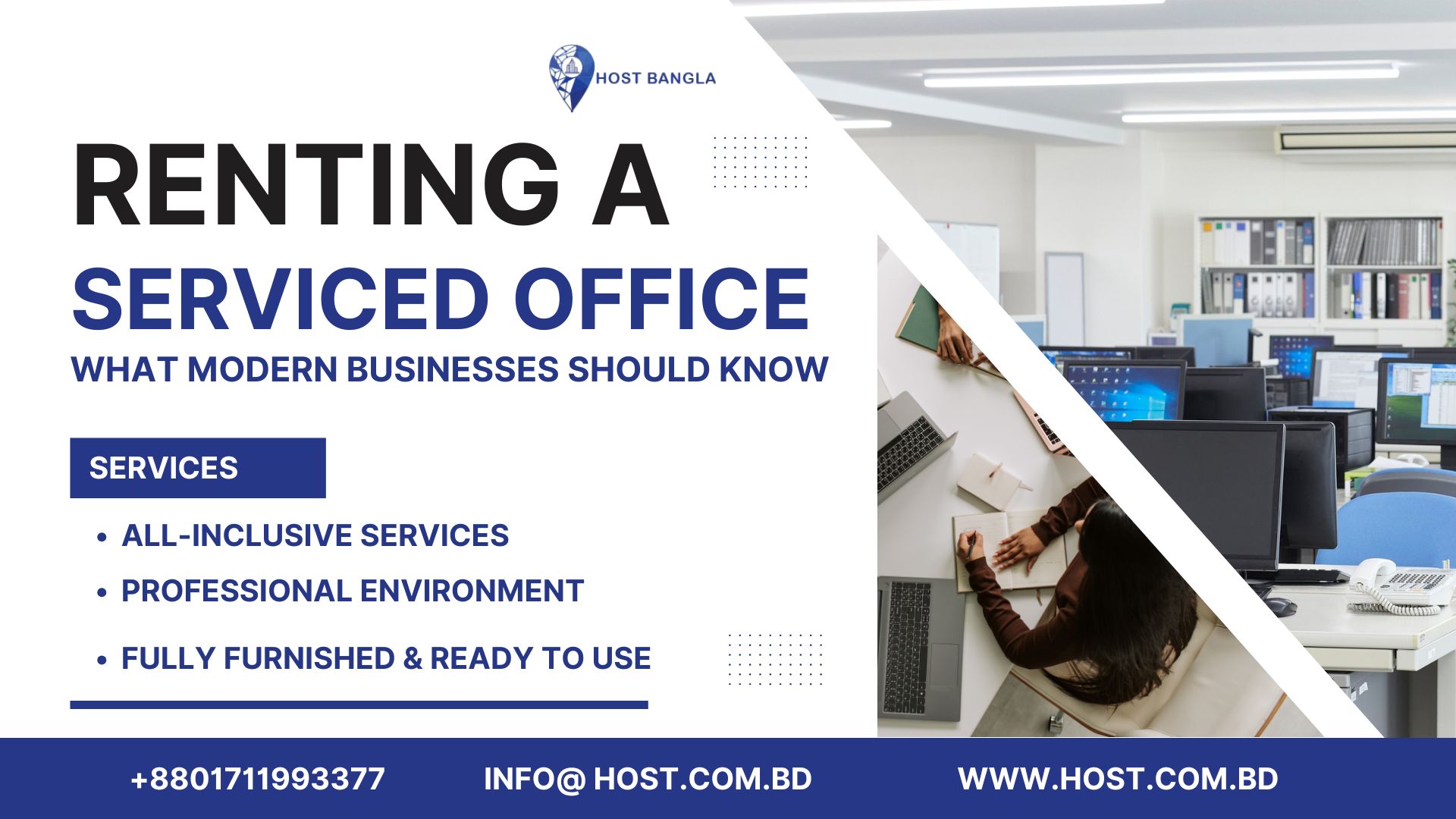Promotional banner for Host Bangla advertising serviced office rentals, featuring modern office desks, computers, and a professional workspace, with text highlighting all-inclusive services, a professional environment, and fully furnished ready-to-use offices.